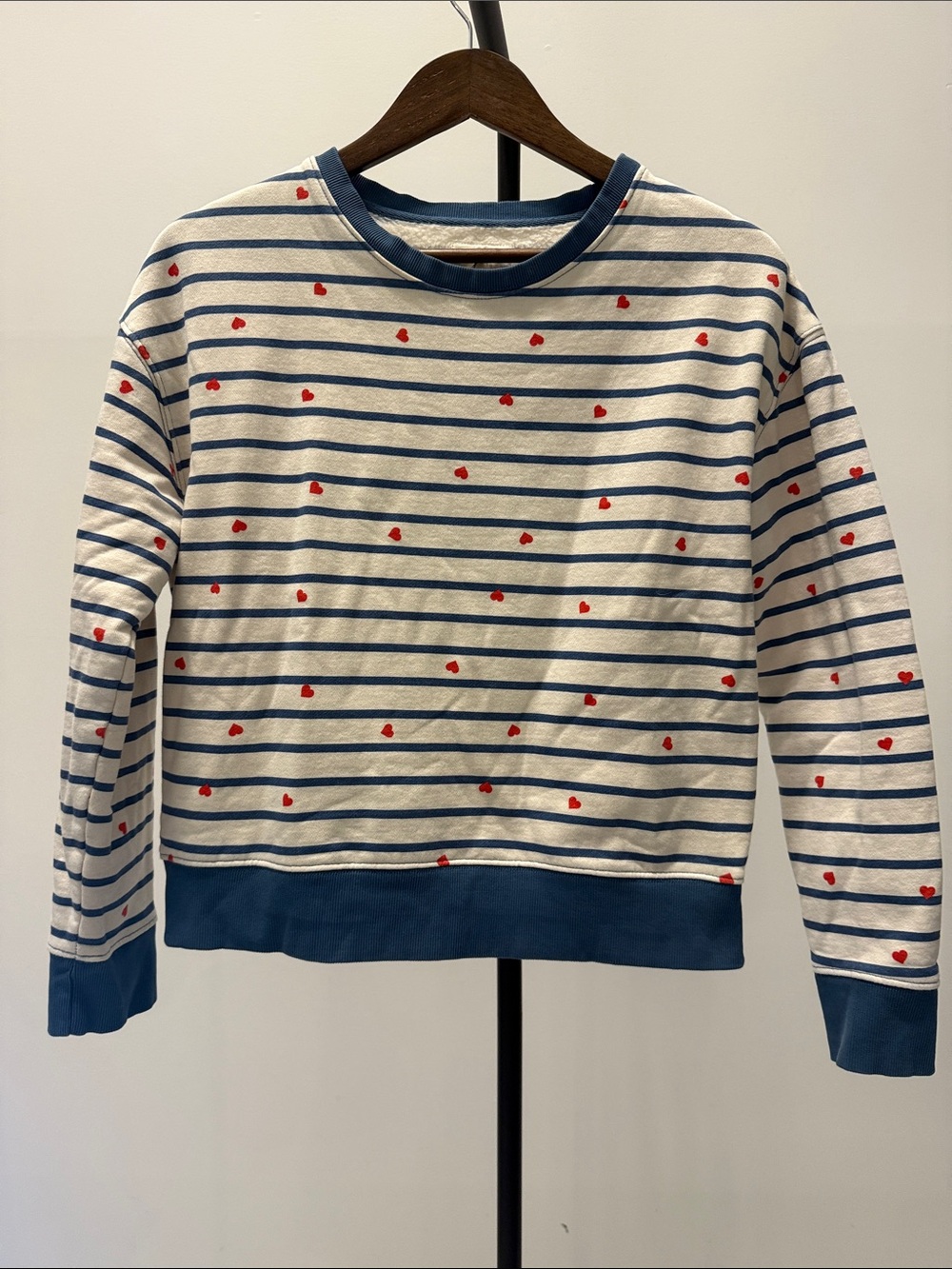 Pact 100% Organic Cotton Striped Cream & Blue Crewneck with Red Heart Accent | M